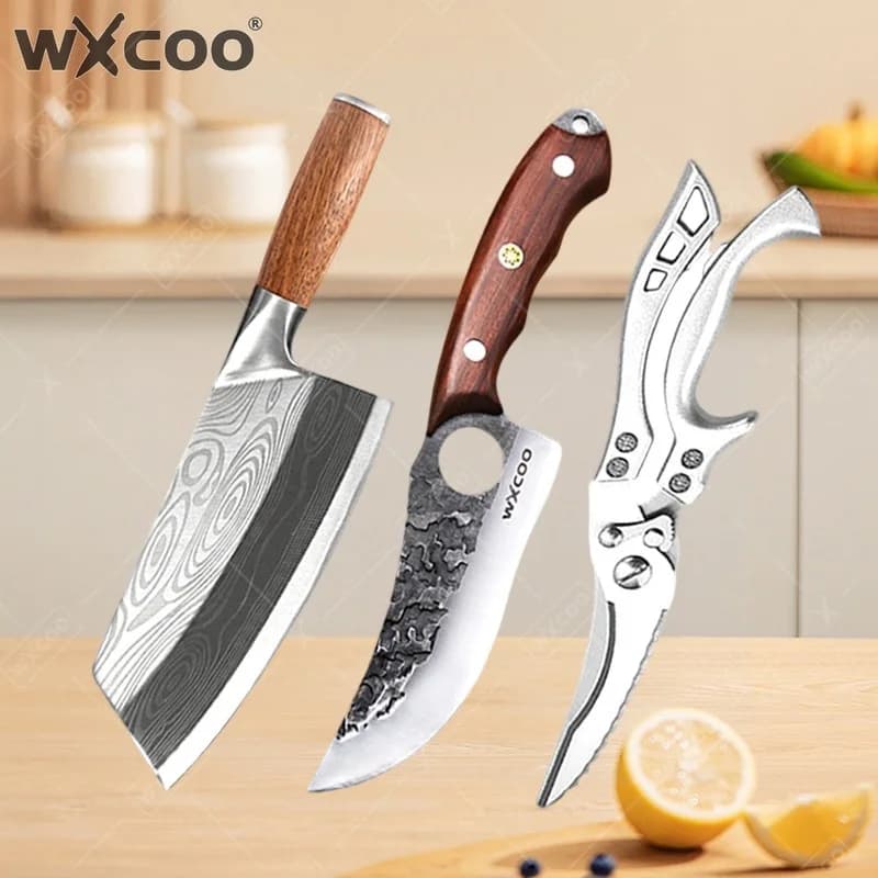 WXCOO Set di 3 Coltelli da Cucina in Acciaio Inox, Coltello per Carne, Coltello per Verdure, Coltello da Chef, Set di Forbici per Frutta per Uso Domestico