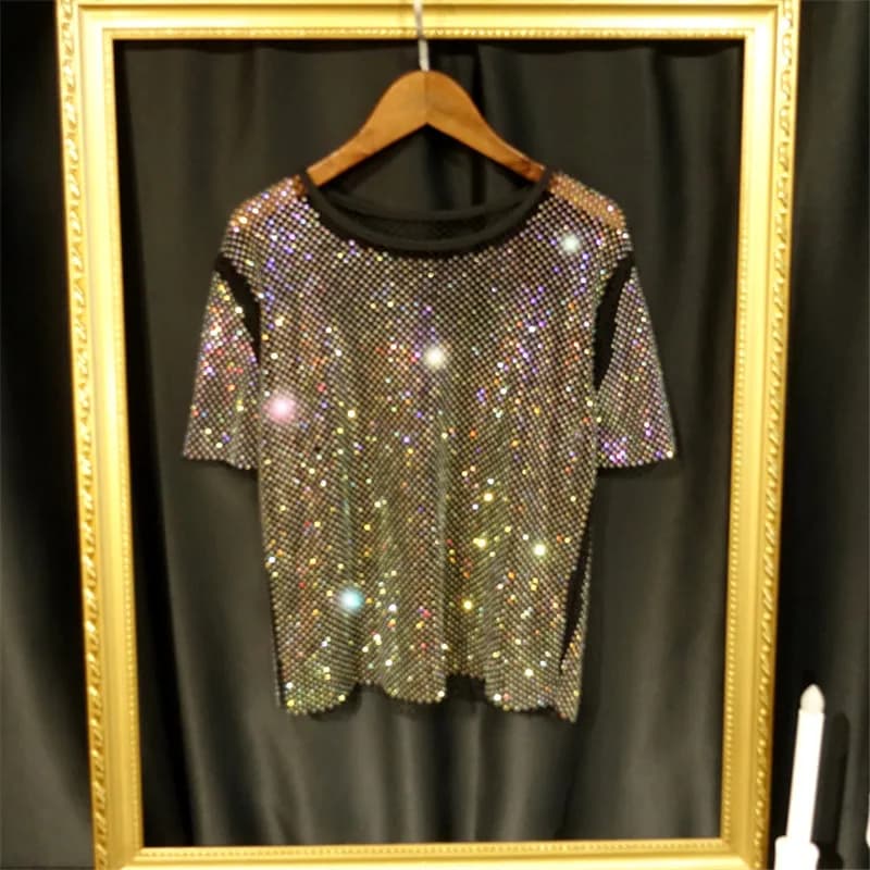Lady's Rhinestone T-shirt Summer New Shiny Charming Short Sleeve Hollow Out Micro Transparent Fashion Casual Straight Top 5020