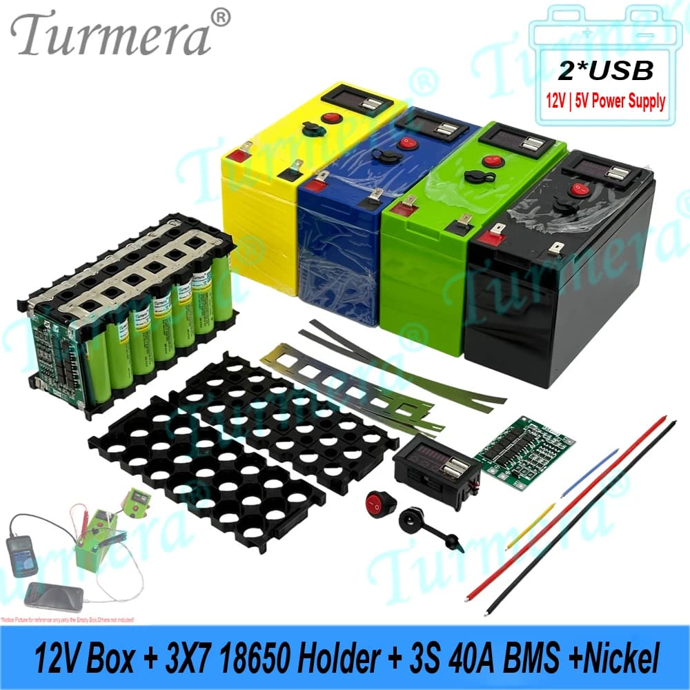 DIY Box Battery 12V with 3x7 18650, BMS 40A, Display Voltage Capacity, Double Channel, 2*USB 5V, Power Bank Controlable