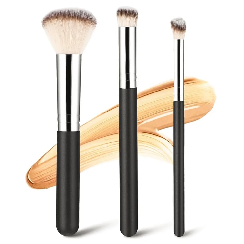 3 Piece Foundation Contour Brushes Set - Blending, Sculpting, Highlighting for Liquid Cream and Mineral Makeup