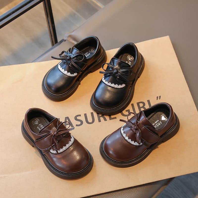 Girls Leather Loafers Lace Trim Bow Velcro Strap Thick Non-slip Sole Kids Vintage Uniform Daily Casual Dress Shoes