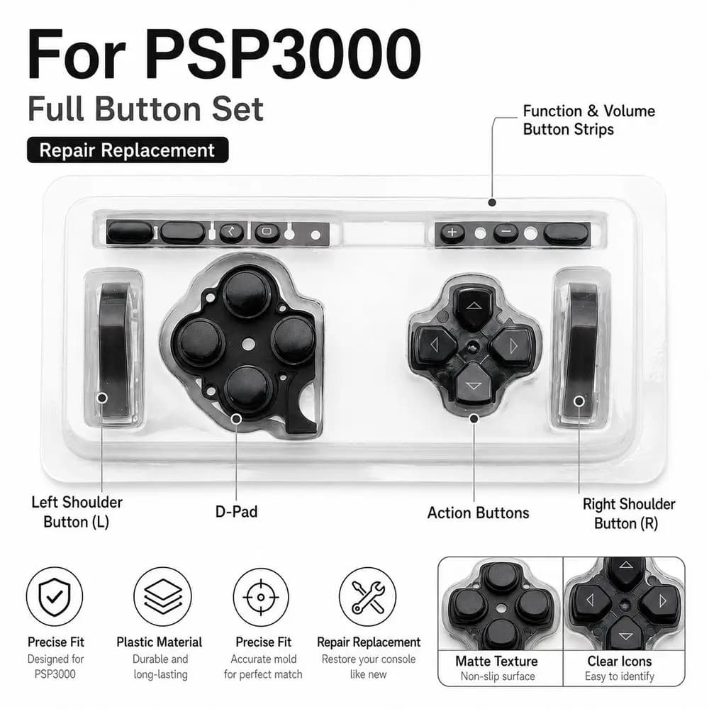 1Set Button Replacement Kit LR Buttons D PAD Volume Key Game Console Buttons High Quality ABXY Select Start Home for PSP3000