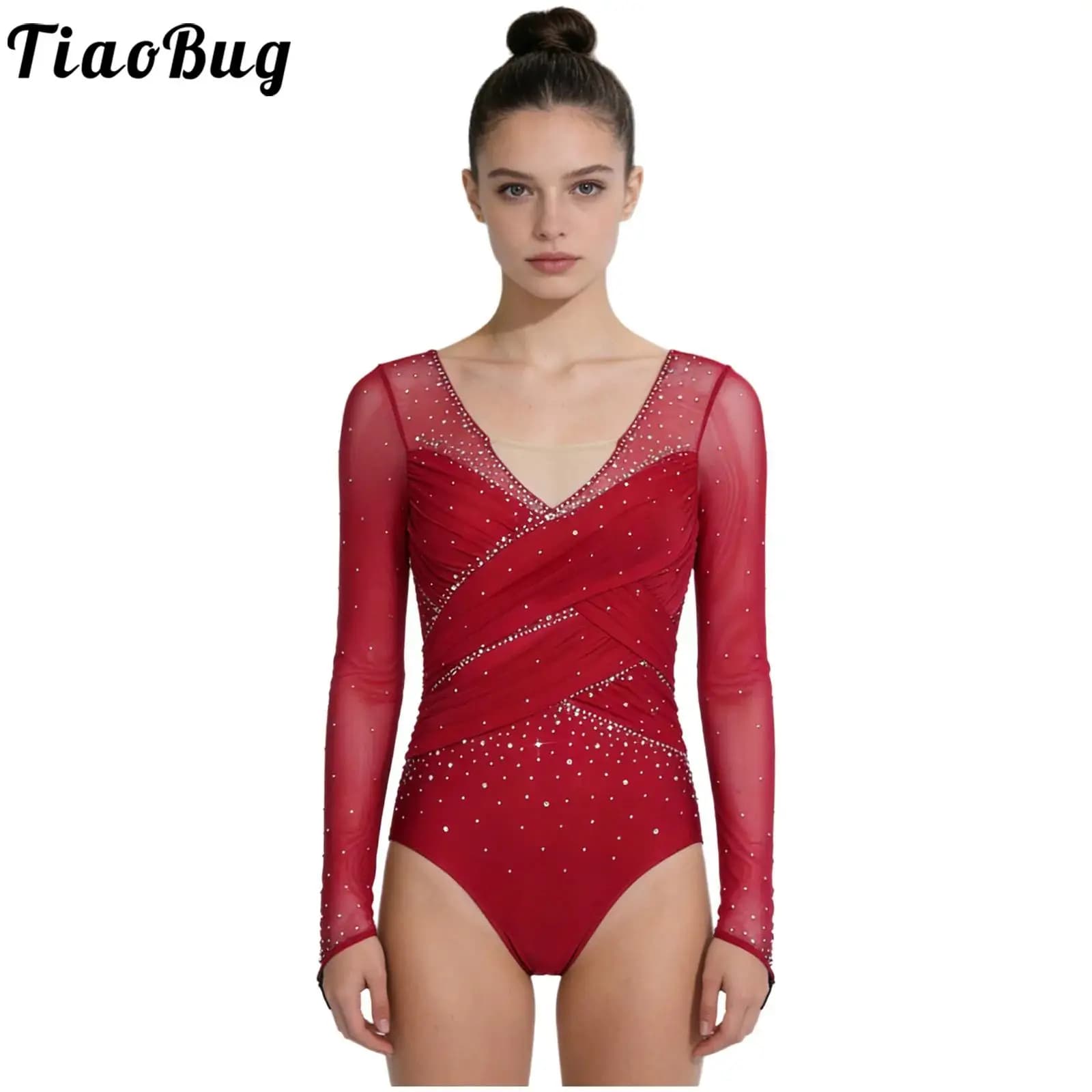 Body da donna con strass per danza, ginnastica e pattinaggio artistico, a maniche lunghe in rete, scollo a V, con bottoni sul cavallo
