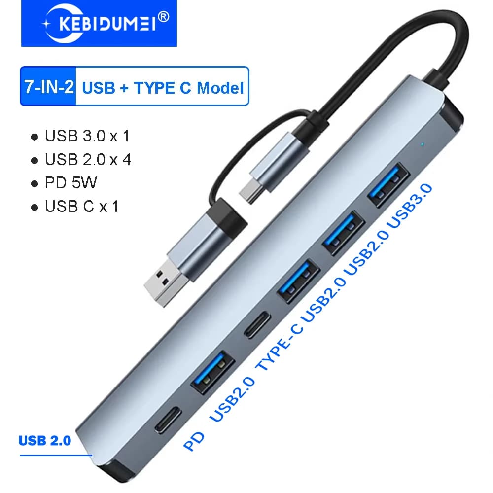 KEBIDUMEI Hub USB 3.0 a doppia testa con 7 porte, 5 Gbps, docking station USB C, adattatore OTG da tipo C a USB 3.0 per PC e laptop