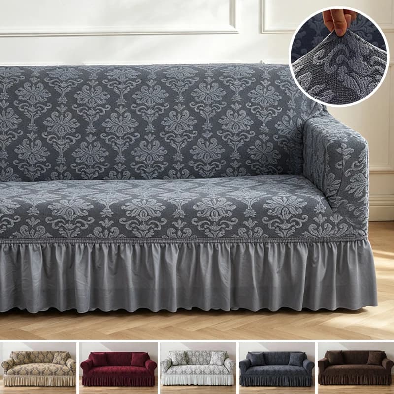 French Ruffle Skirt Stretch Sofa Cover Pet Friendly Jacquard Floral Couch Slipcover Universal Fit for 1-4 Seater Sofa Home Decor