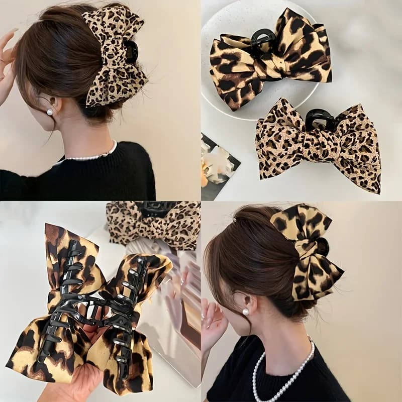 1 pezzo di grande fermaglio per capelli con fiocco con stampa leopardata di fascia alta da donna, accessorio per capelli versatile