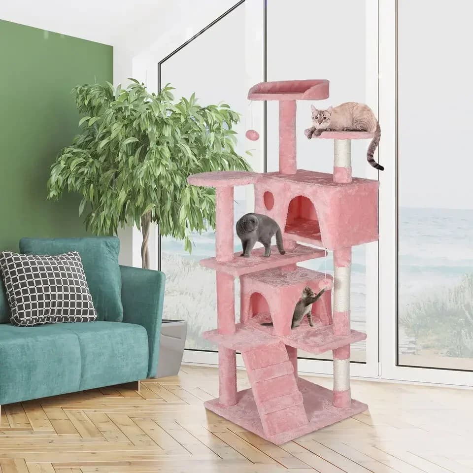 Per albero per gatti Kitty da 55 pollici, torre condominio per gatti rosa, con tiragraffi, mobili per gatti