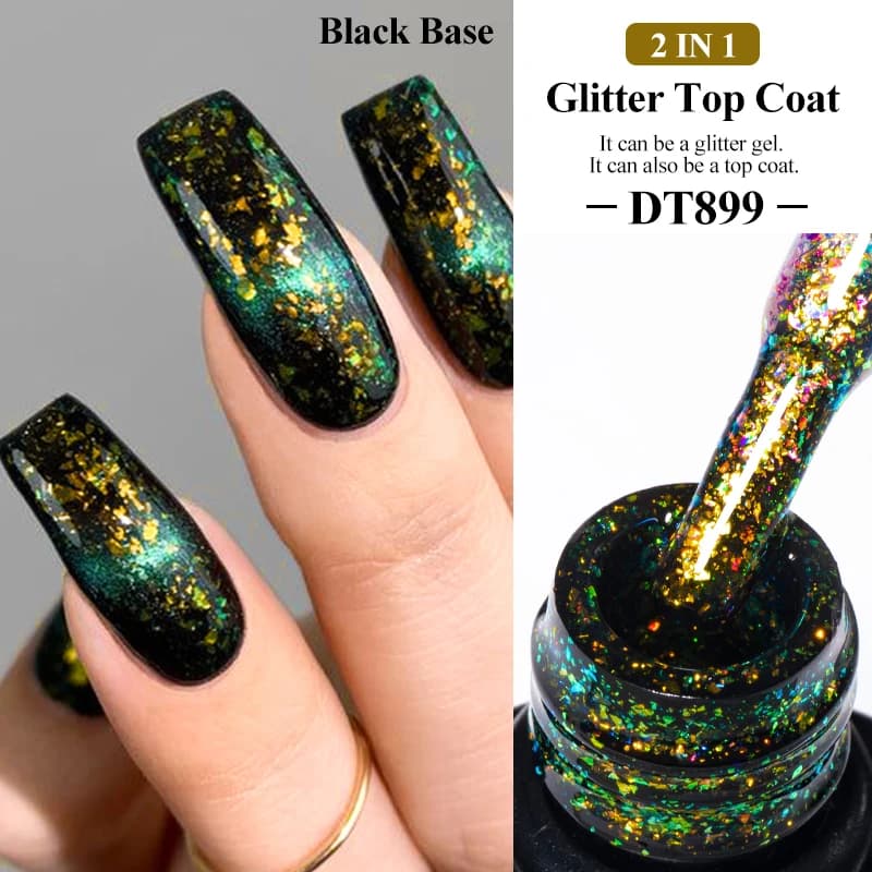 MEET ACROSS 7ml Sparkly Glitter Top Coat Lamina d'oro Effetto Nail Art Gel Smalto per unghie Soak Off Vernice semipermanente per le unghie FAI DA TE