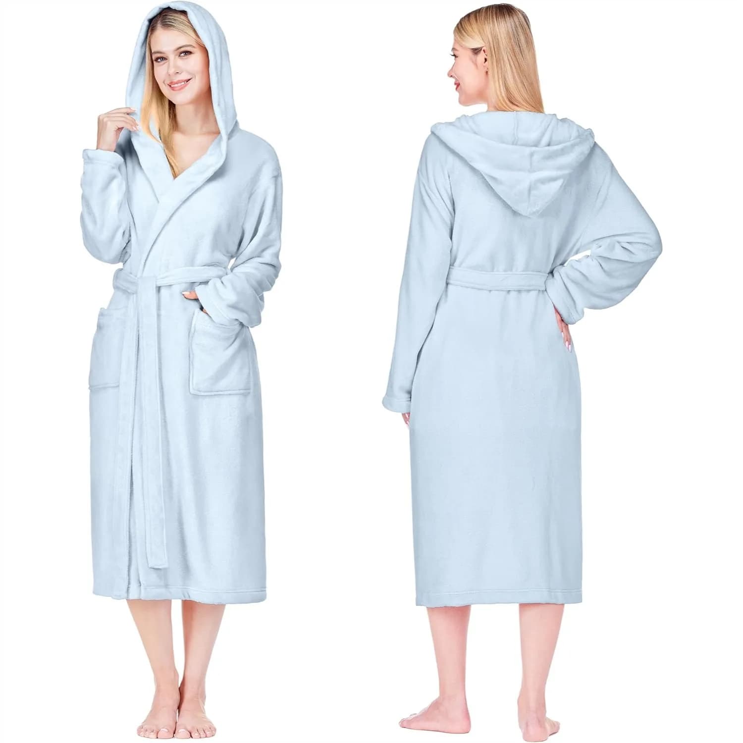 Women's Hooded Fleece Robe, Soft Plush Long Bathrobe with Hood, Lightweight Cozy Spa Shower Housecoat