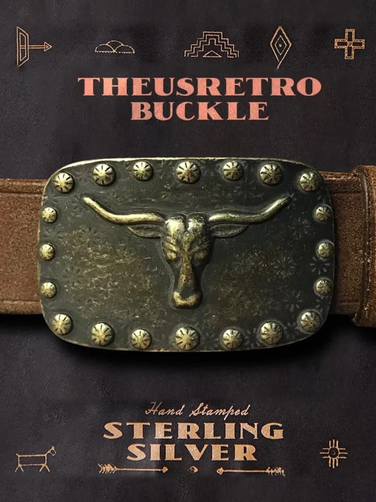 Cintura in Pelle Stile Navajo con Testa di Toro a Corna Lunghe, Fibbia in Rame Puro con Pelo Invertito, Larga 35cm, Unisex