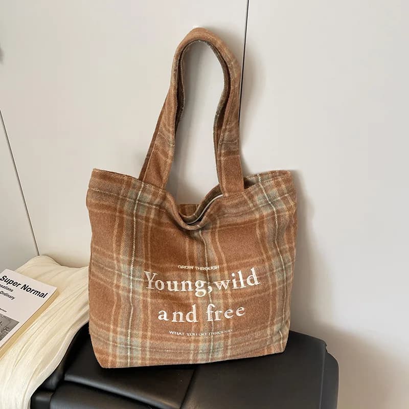 2025New Niche Autunno Inverno Retro Plaid Color-Block Borsa a tracolla singola Lettera Ricamo Borsa Tote Bag Artistico