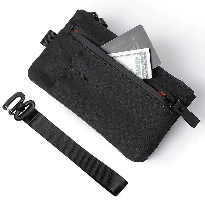 Pochette con cerniera con cinturino, portafoglio con cerniera porta passaporto e portafoglio EDC - Resistente alle intemperie e blocco RFID - 3 slot esterni