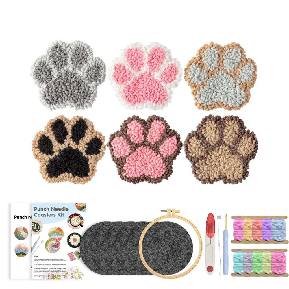 RUOPOTY 6pcs Punch Needle Coaster Kitten'S Paw Punch Needle Create Wall Art Diy Making Kits Animal Punch Needle Threader For