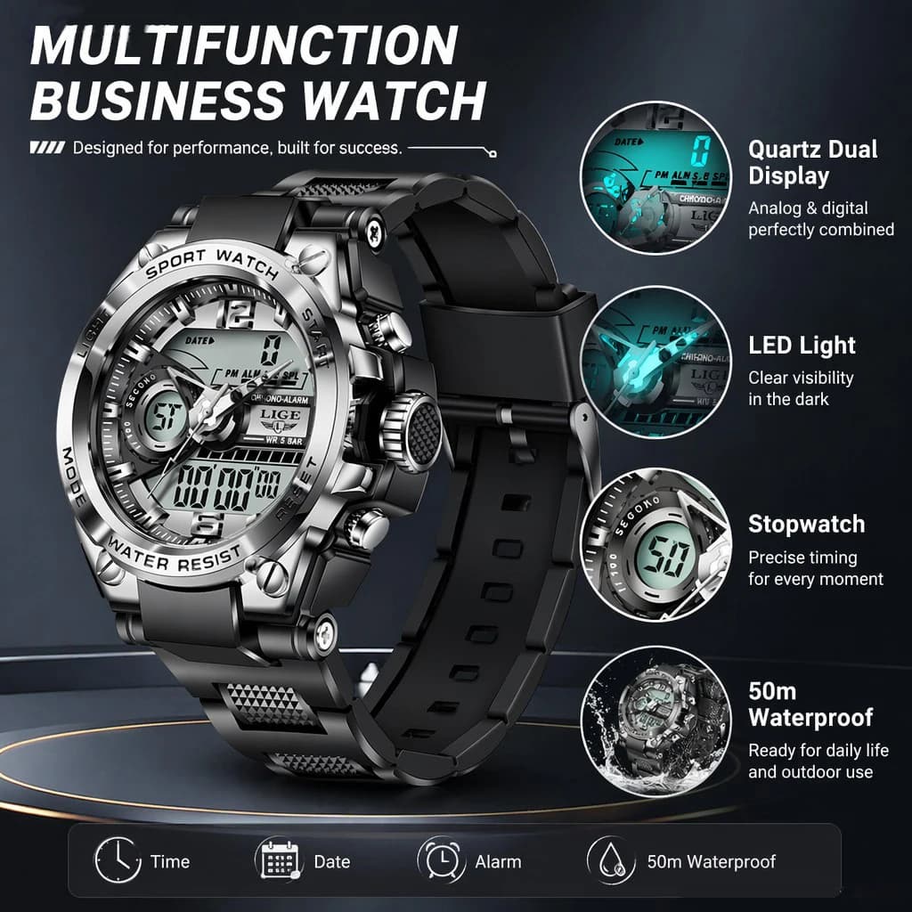 LIGE Orologio militare da uomo Digitale 50m Orologio da polso impermeabile LED Orologio al quarzo Orologio sportivo Maschile Grandi orologi da uomo Relogios Masculino