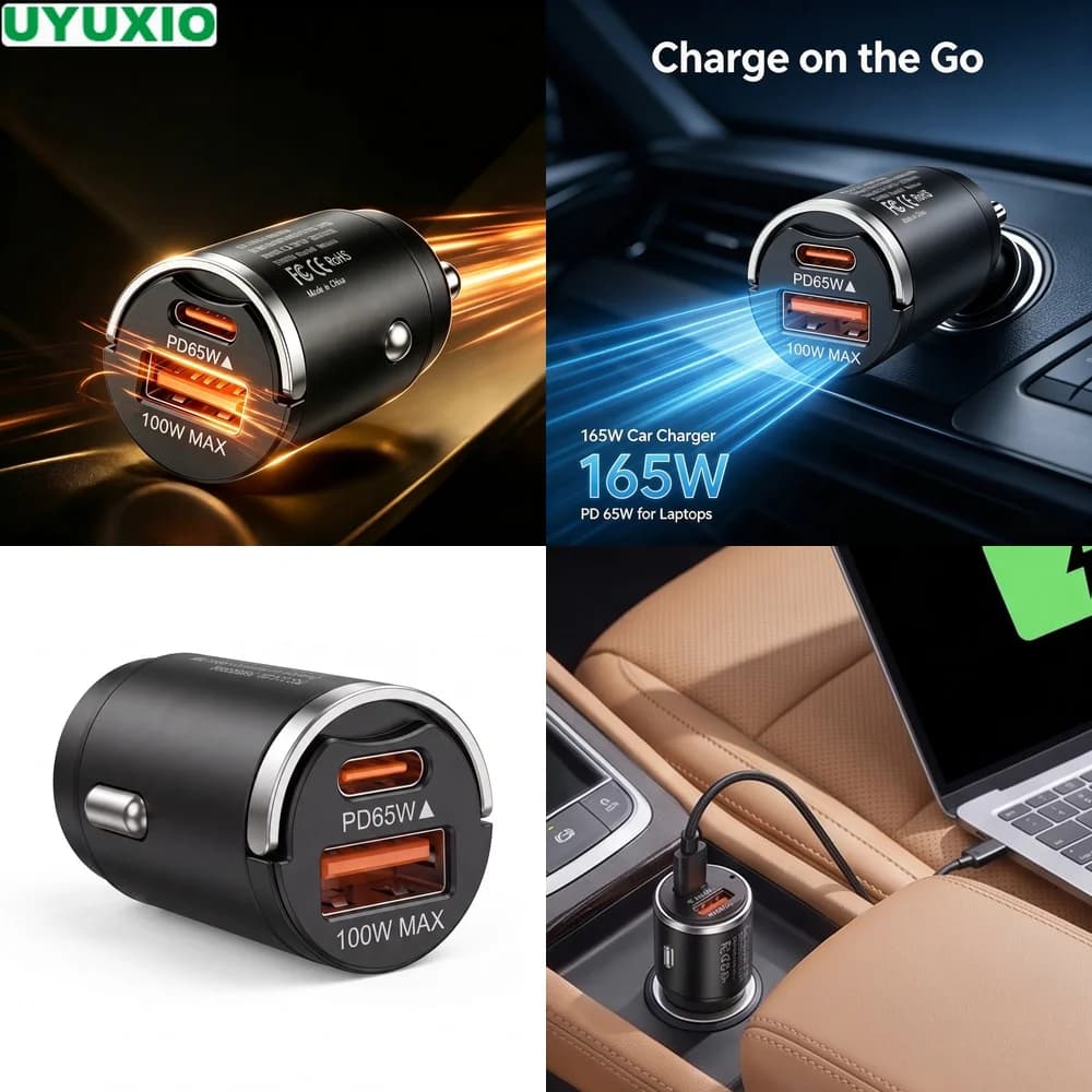 165W Fast Charging Car Charger PD 65W USB C and 100W USB A Charging Compact Zinc Alloy Metal Body for Phones Tablets and Laptops