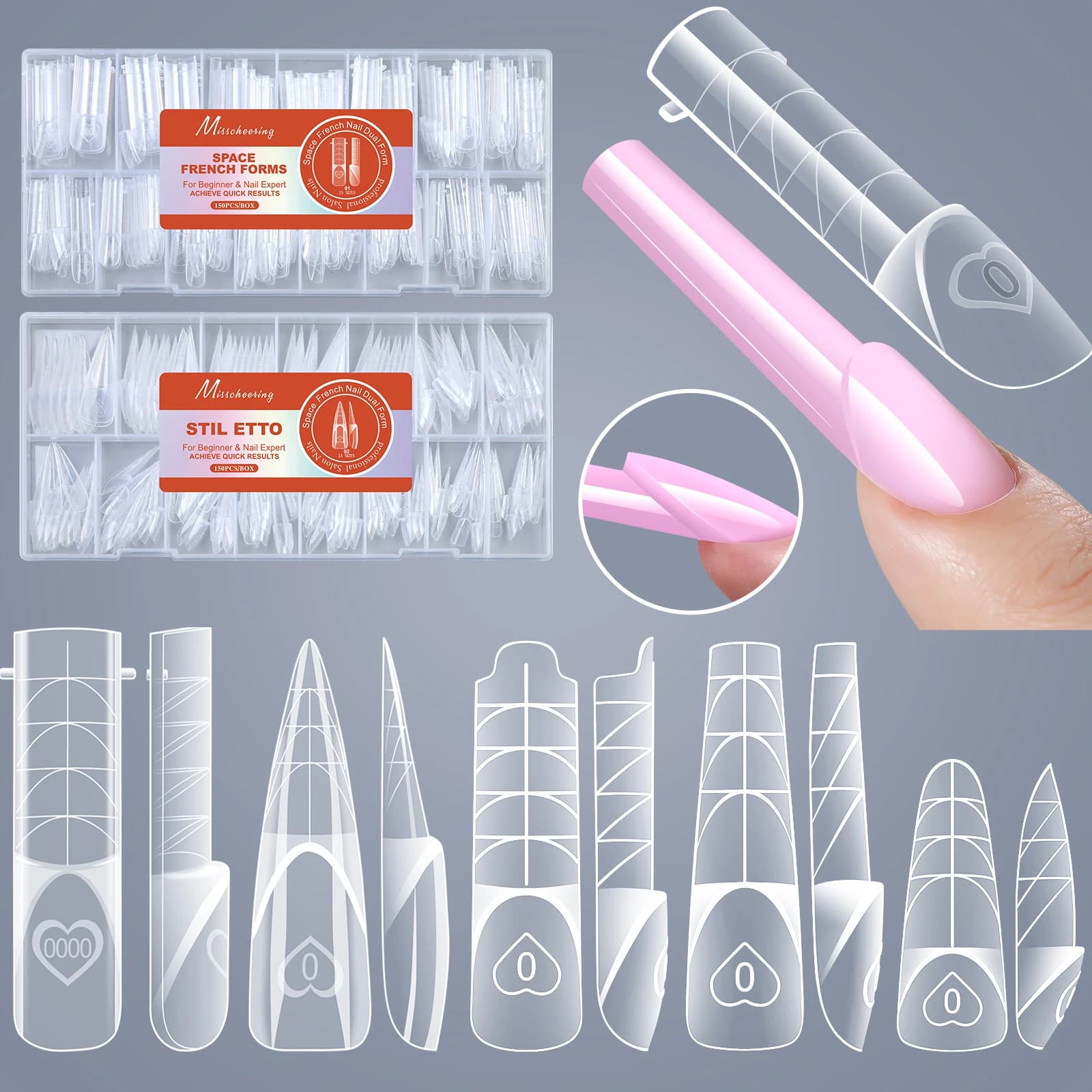 150 Pezzi/Scatola Dual Form per Unghie Francesi, Riutilizzabili, Ultra-Sottili, per Estensione Gel X, Facili da Rimuovere, Punte per Manicure per Salone e Fai da Te a Casa