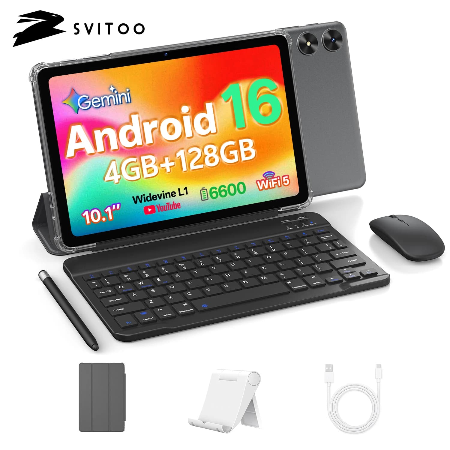 Tablet SVITOO 2026 Android 16, Schermo IPS HD da 10.1 Pollici, Unisoc T7250, 4GB RAM, 128GB ROM Espandibile a 1TB, Batteria da 6600mAh, WiFi 5, Bluetooth 5.0, GPS, Widevine L1, con Custodia, Tastiera, Mouse, Italiano