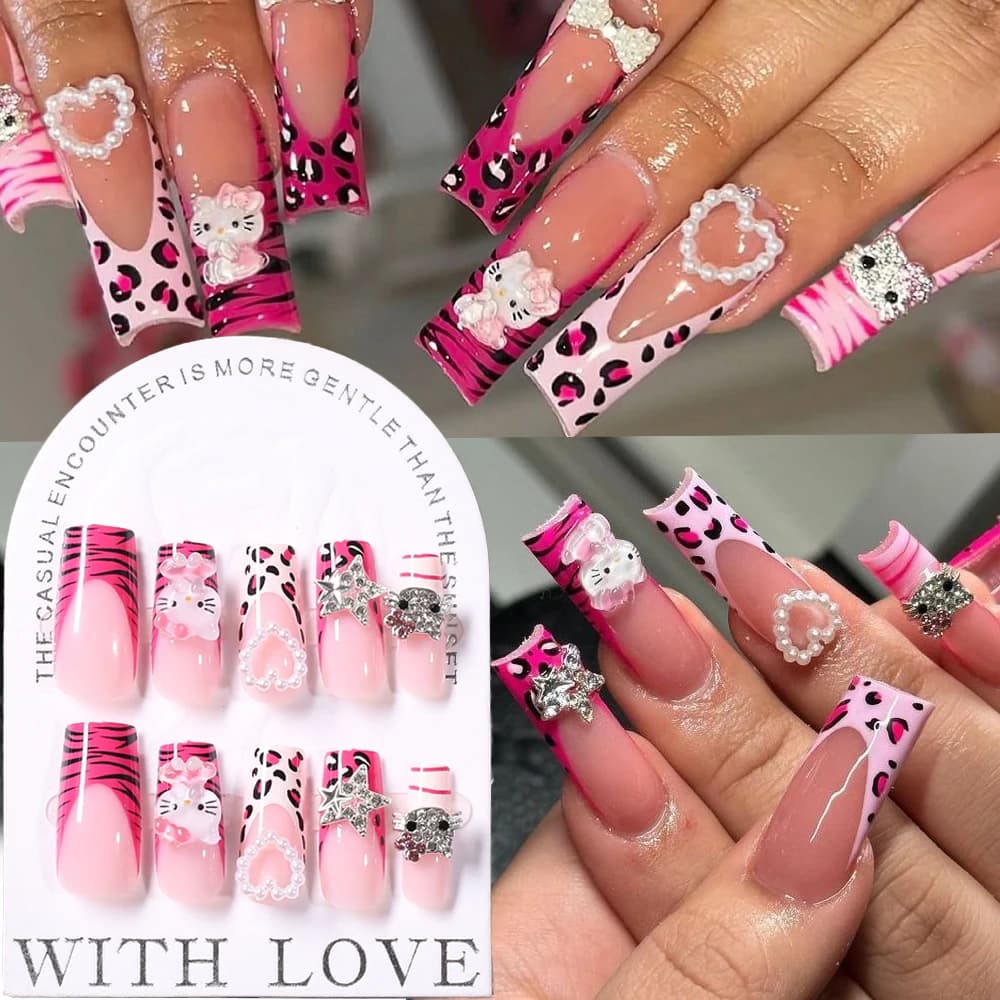 24 Pezzi Unghie Finte Y2K Rosa Leopardate Francesi Hello Kitty con Diamanti 3D, Testa di Kitty, Perle e Cuori, Unghie Finte a Copertura Totale