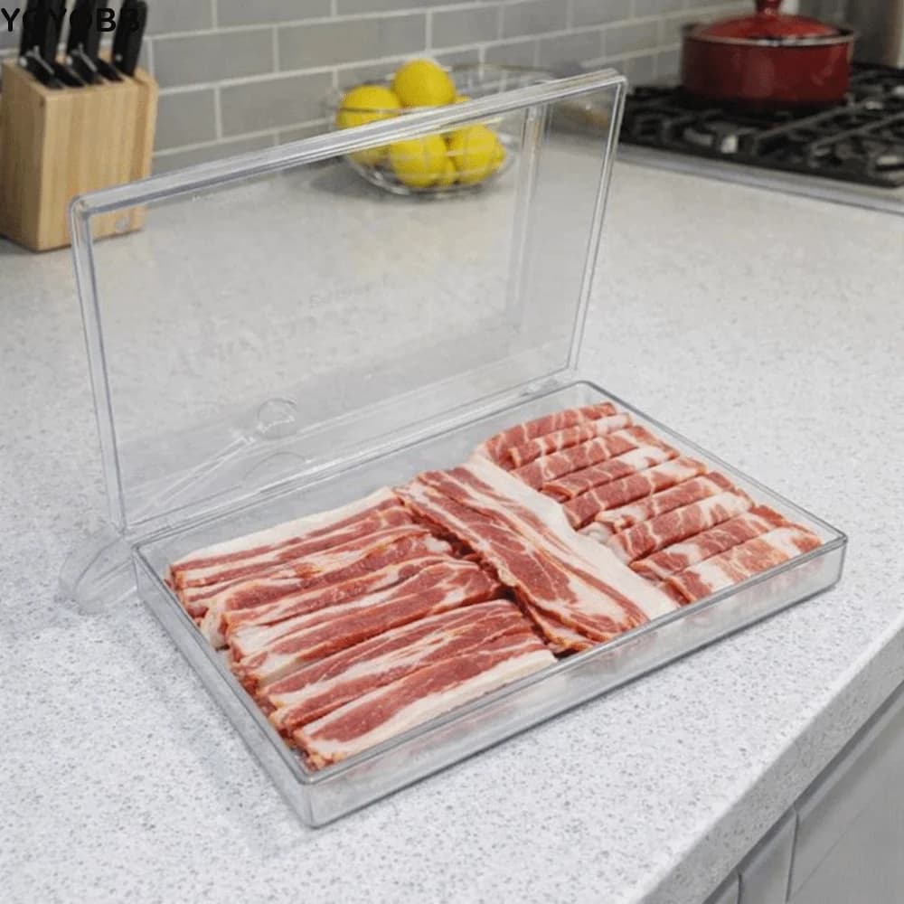Plastic Bacon Storage Container Clear Lids Keep Fresh Lunch Meat Container Large Capacity with Tong Food Storage Box Kitchen