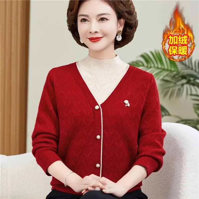 Autumn Winter Warm Coat Women Fleece Thick Knitted Sweaters Patchwork Fake Two Pieces Pullover Fashion Design Outerwear New