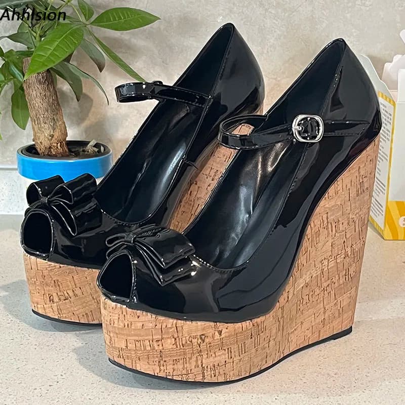Ahhlsion Women Pumps Butterfly Knot Wedges High Heels Buckle Strap Peep Toe Pretty Black Party Shoes Ladies US Size 5-20
