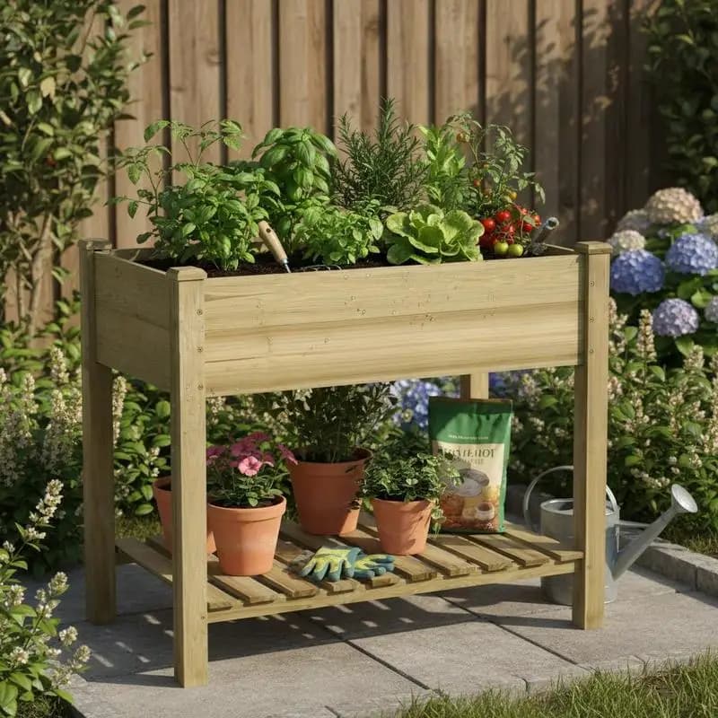 Fioriere in Legno da Giardino, Letto da Giardino Rialzato con Gambe e Ripiano Portaoggetti, Contenitore Rialzato in Legno