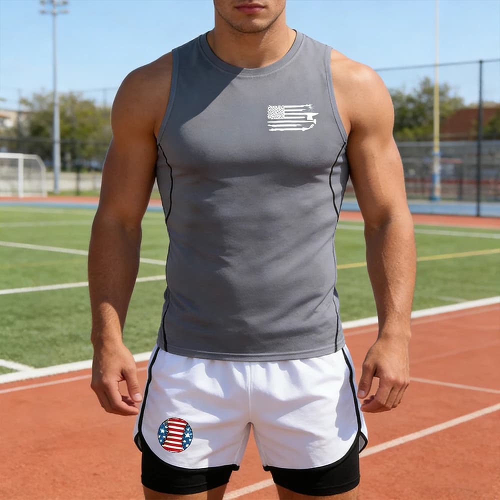 Set da 2 Pezzi per Allenamento in Palestra da Uomo, Asciugatura Rapida, Abbigliamento Sportivo, Maglia Senza Maniche a Compressione e Pantaloncini da Corsa con Stampa Grafica Bandiera
