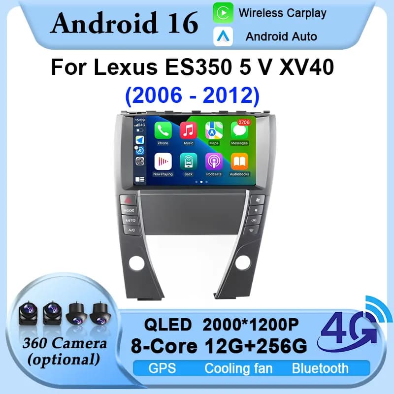 High-definition ultra-thin Screen Android 16 Car Radio For Lexus ES350 5 V XV40 2006 - 2012 Stereo Multimedia Player BT Carplay