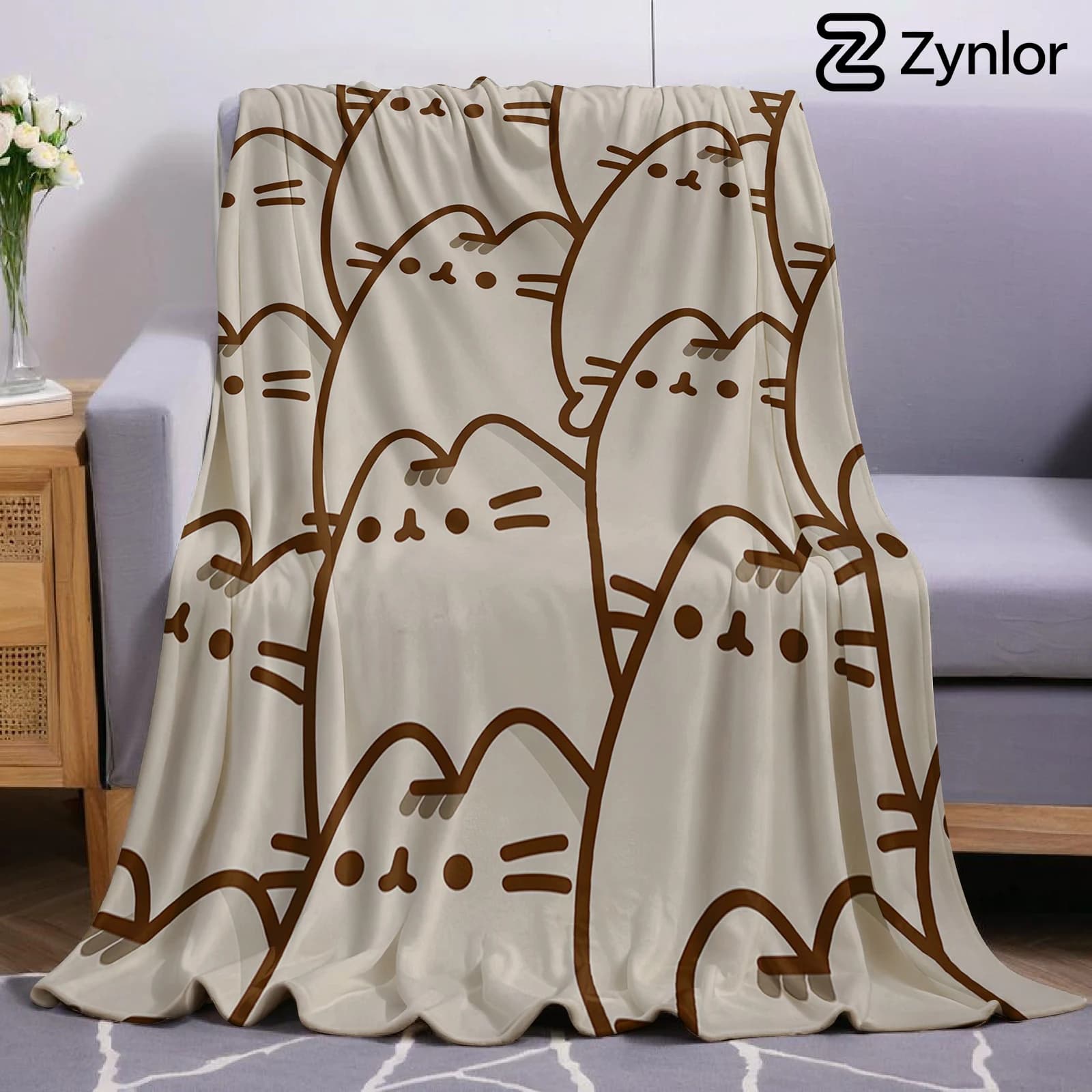 Line Art Pusheen Cartoon Anime Print Flannel Blanket Soft Warm Throw for Kids Bedroom Sofa Bed Christmas Office Car
