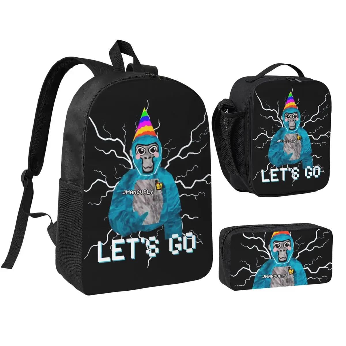 Lets Go Gorilla Tag 3pecs/set Zaino per giochi per adolescenti Monkeys College Daypack Borsa per il pranzo Astuccio