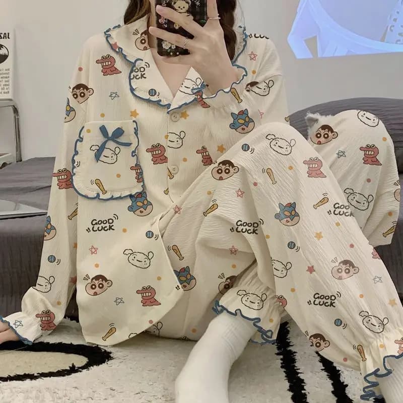 Kawaii Crayon Shin-Chan Woman's Pajamas Set Girls Pjs Spring Autumn Fashion Long Sleeves Pants Cartoon Casual Anime Home Clothes