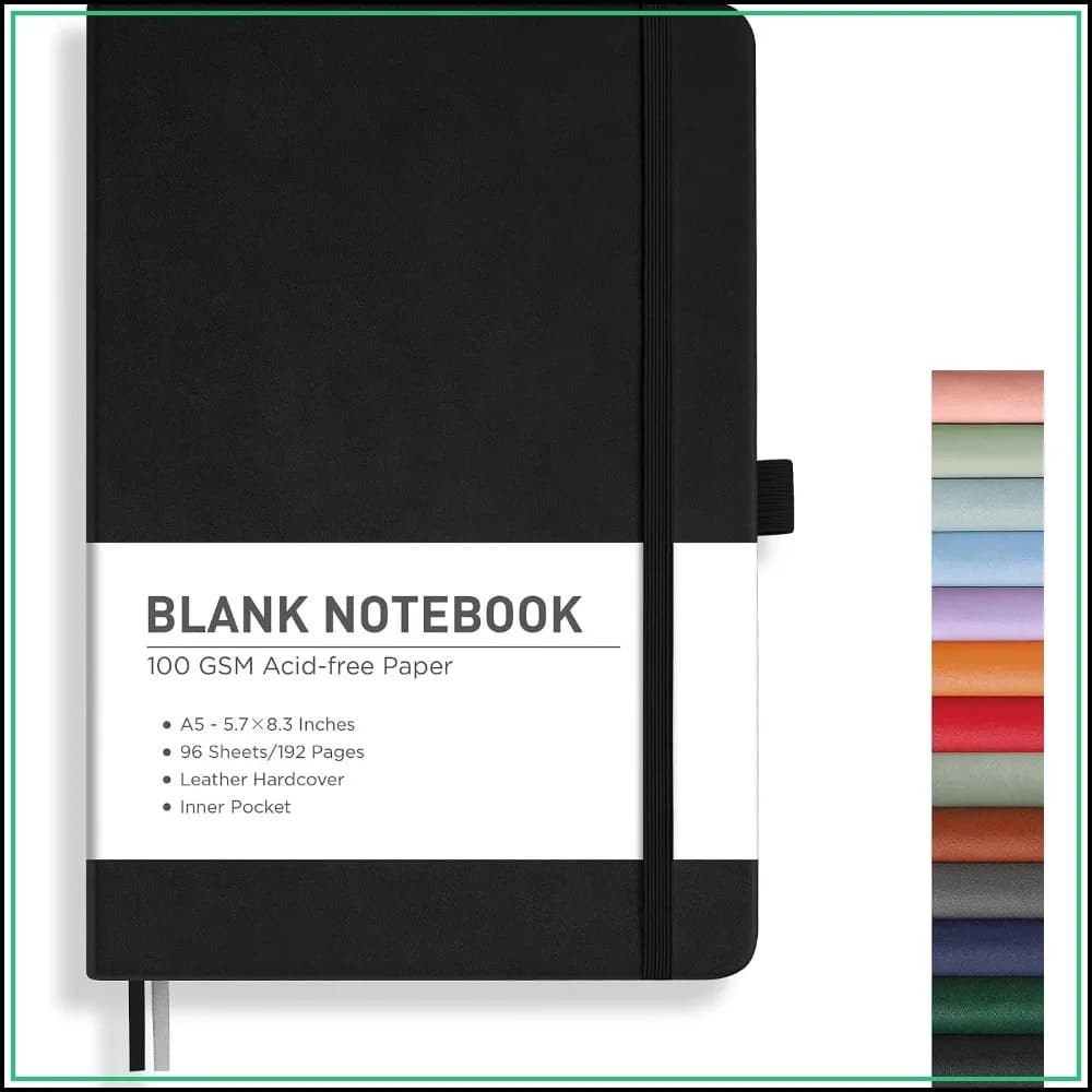 A5 Blank Journal Notebook, 192 Pages, Leather Hardcover, 100 GSM Thick Paper, for Sketching, Drawing, Painting