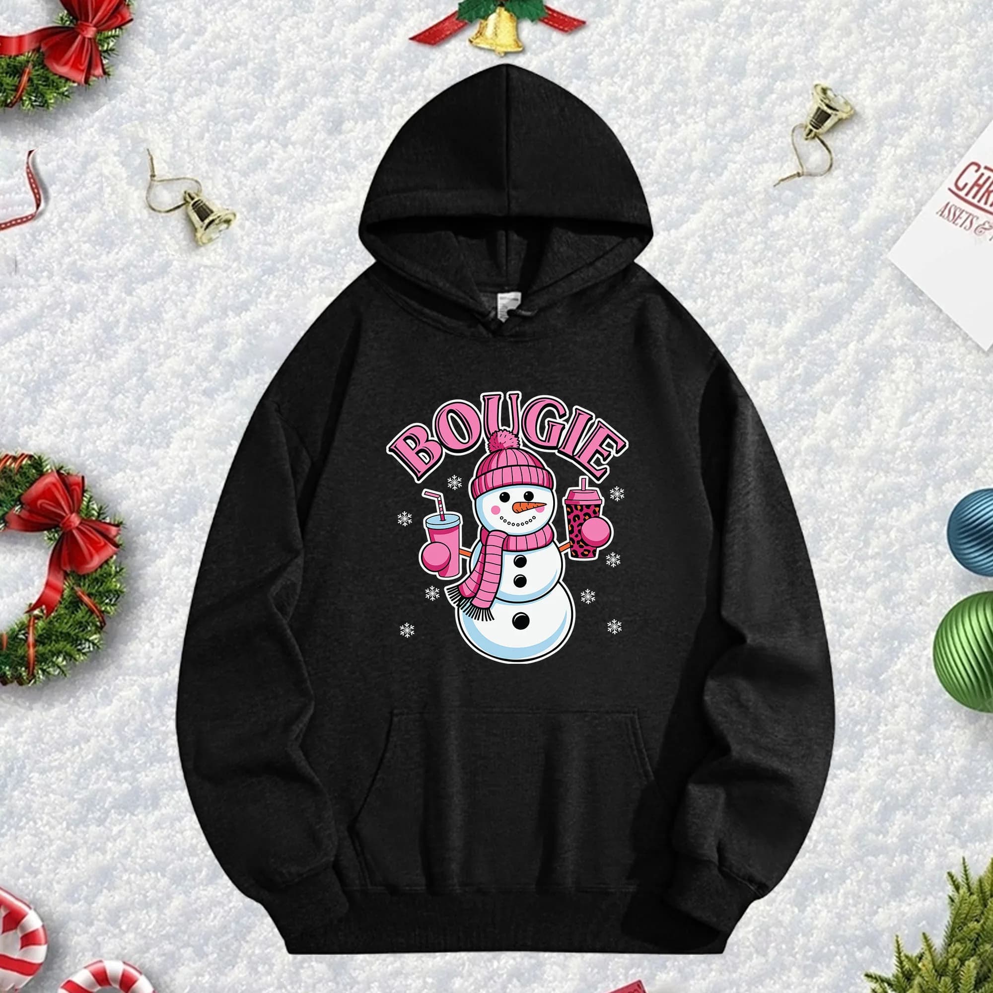 Bougie 270G Black hoodie for men and women, comfortable oversize fleece pullover for fall/winter Christmas
