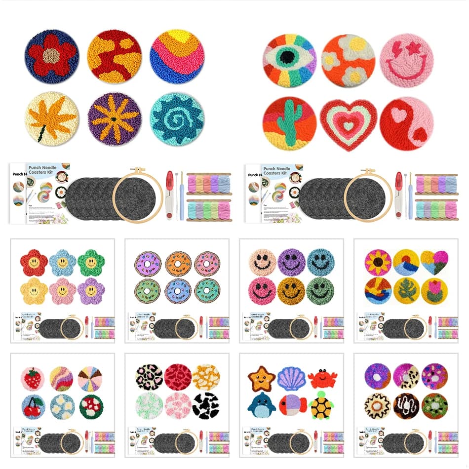 6cs Punch Needle Coaster Kit Easy Pattern Punch Needle Embroidery Tufting Coaster Kit for Beginners DIY Set of Art Work Decor