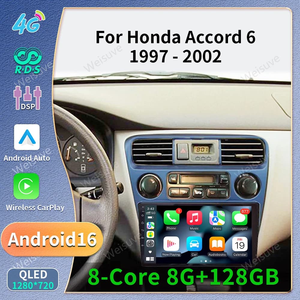 For Honda Accord 6 1997-2002 Android 16 Car Radio Multimedia Navigation 4G GPS Universal 2 Din Wireless Carplay Screen Stereo