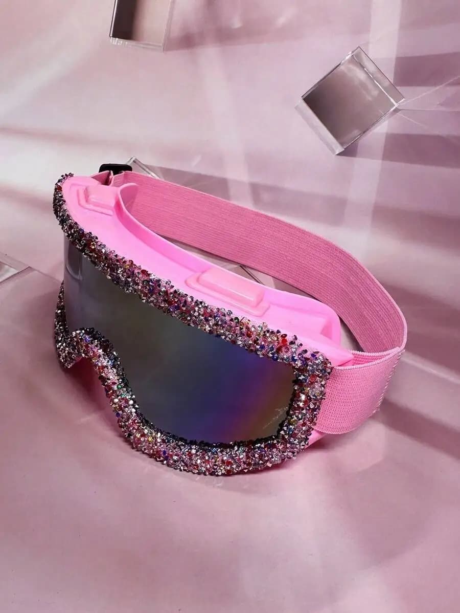 Extra Large Fashion Goggle With Rhinestone Trim Mirrored Lens Windproof Sandproof For Skiing ATV Karting Outdoor Use