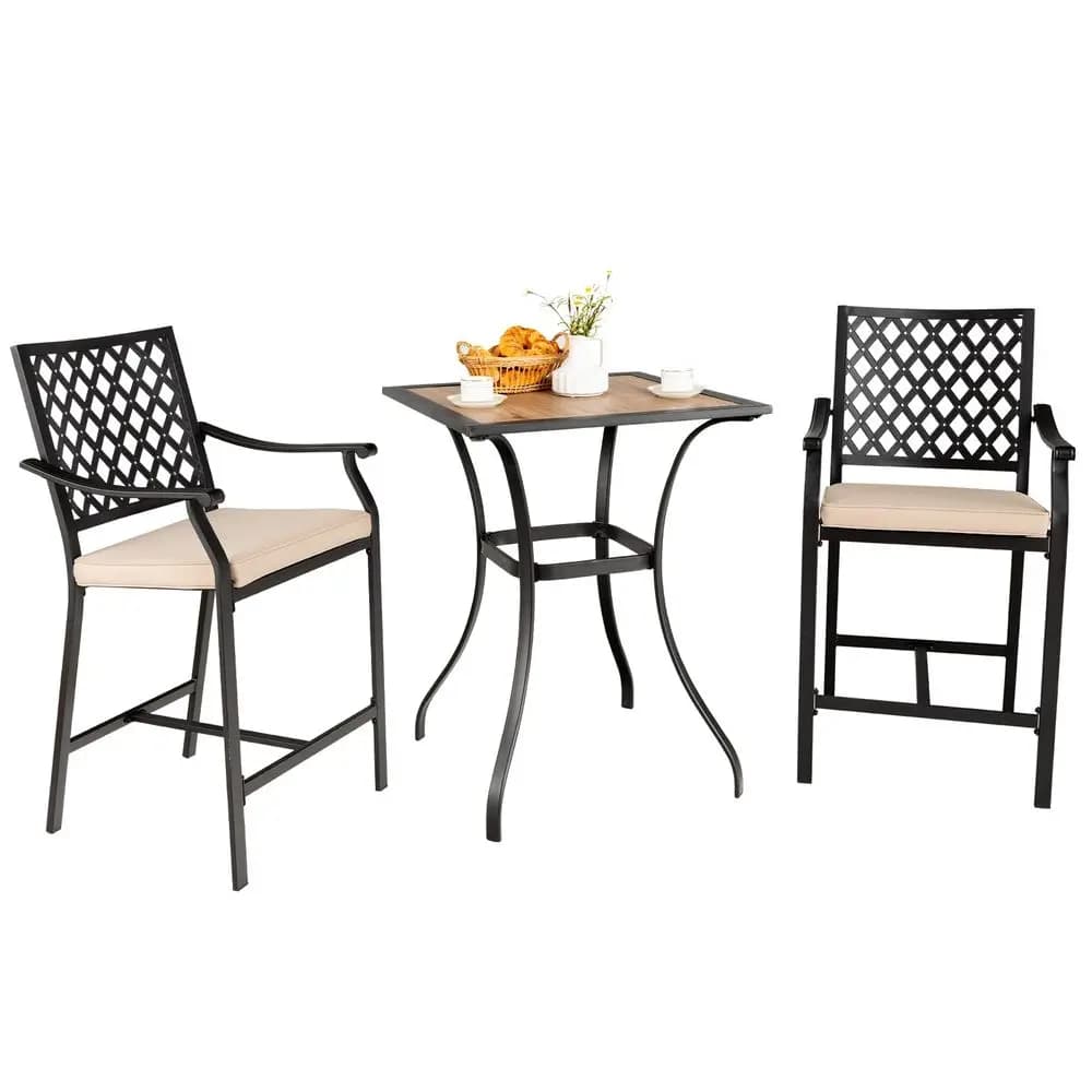 Set da bistrot da esterno a 3 pezzi, sgabello e tavolo da bar, seduta ergonomica con comodo cuscino, struttura in acciaio rinforzato