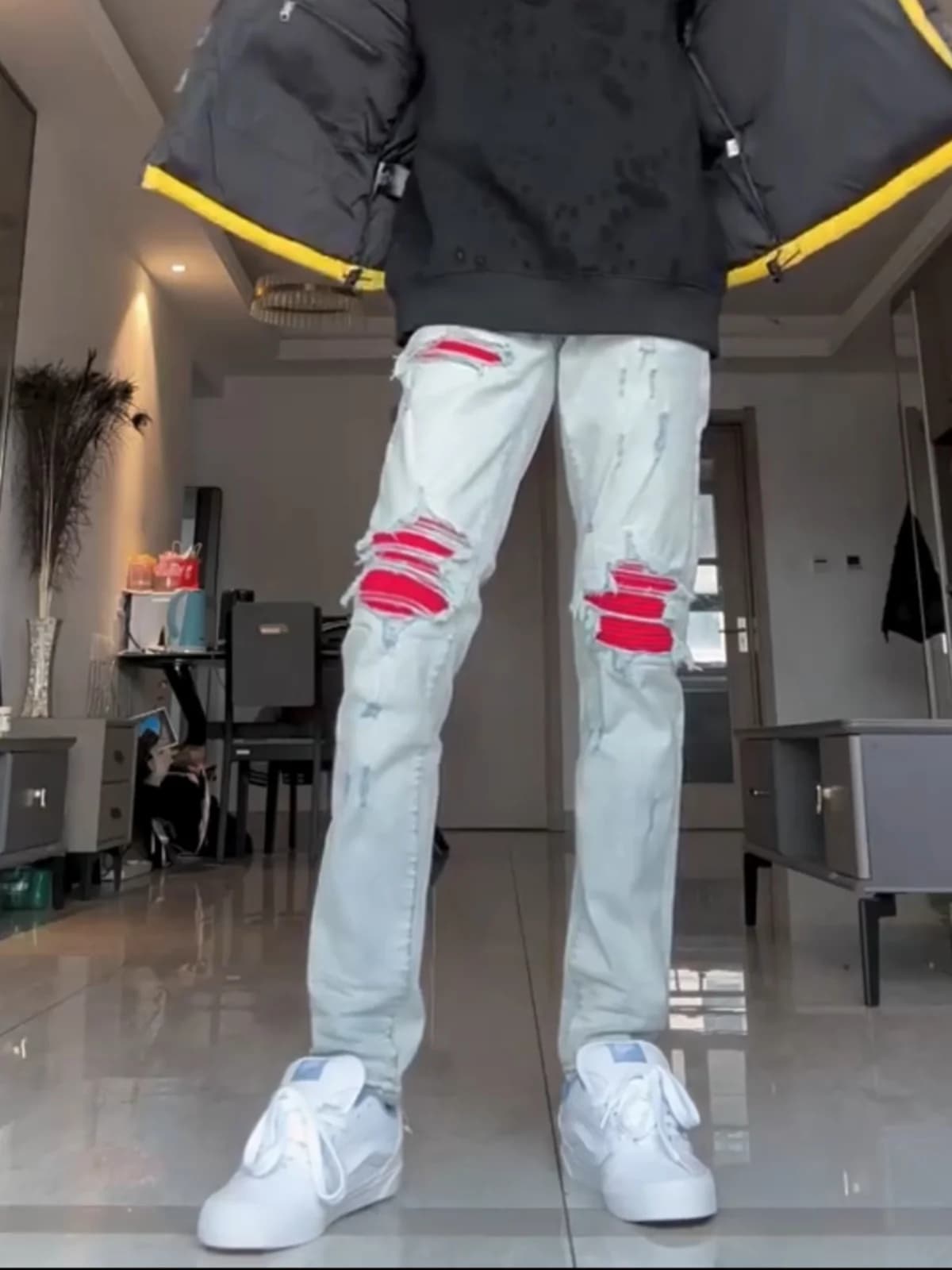Trendy Patchwork Men's Jeans High Street Style Slim Fit Straight Leg Long Pants Casual Youth Autumn Fashion American Style