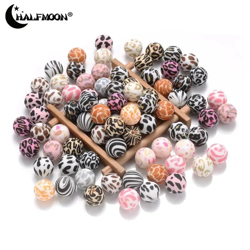 15mm 10 pezzi perline in silicone con stampa leopardata perline rotonde distanziate allentate per massaggiagengive per accessori per catena ciuccio per bambini creazione di gioielli fai da te