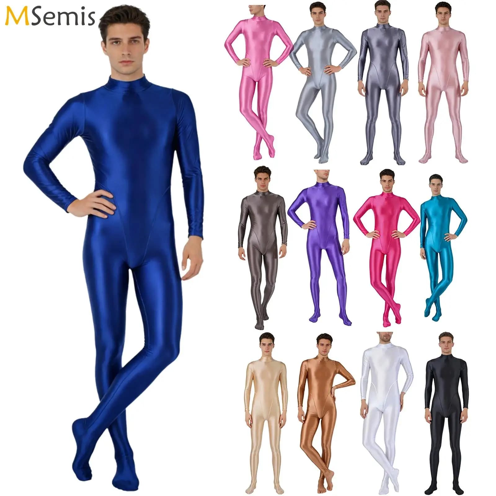 Mens Lingerie Oil Glossy Full Bodysuit Rash Guard Swimwear One Piece Swimsuit Mock Neck Long Sleeve Footed Unitards Jumpsuit