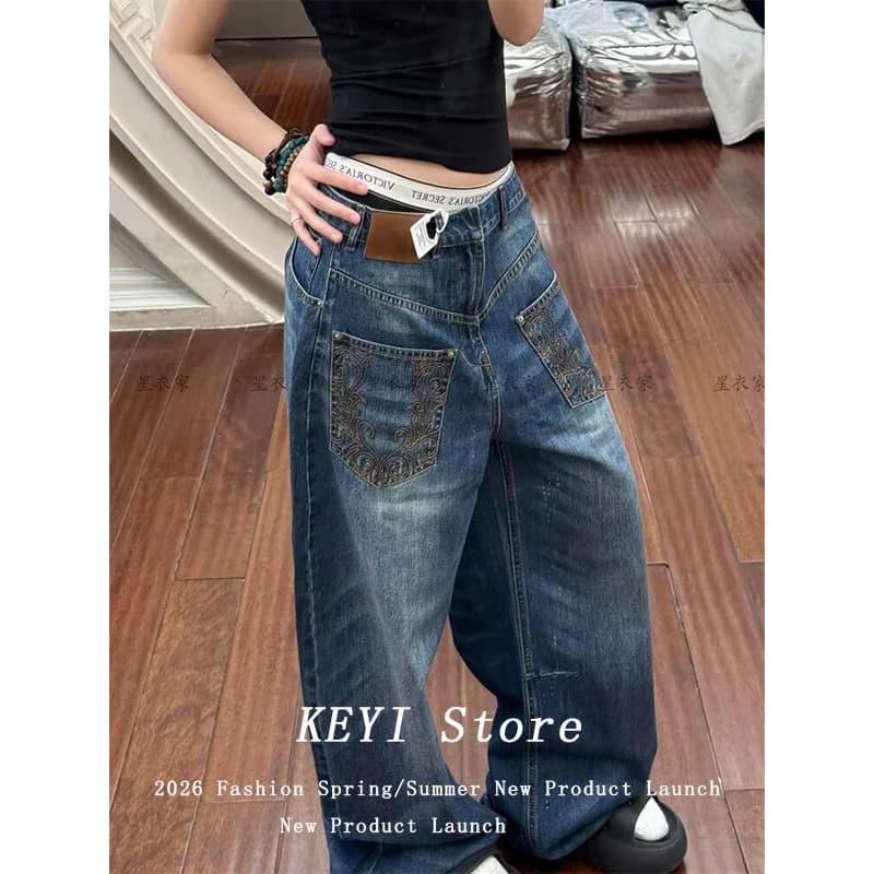 Women's Y2K American Jeans, Vintage Denim Pants Embroidered in Low Life, New Wide Pants in Gamba Straight 2026