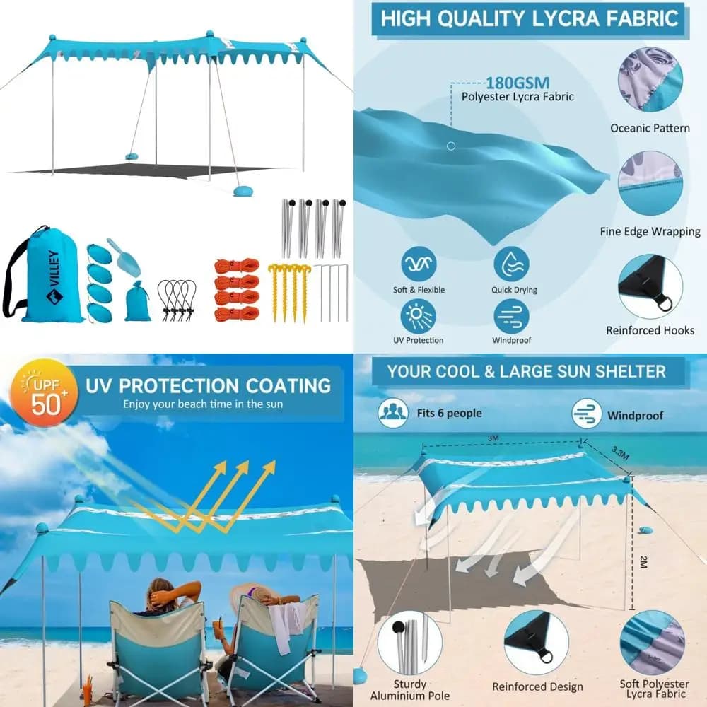 Portable solar beach shelter with large canopy UPF50+, 11x10 feet, 4 poles, 8 pegs, sand bags for outdoor shadow