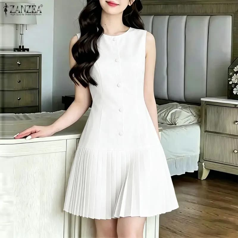 2026 ZANZEA Summer Elegant Sleeveless Pleated Dress Women Sundress Stylish A Line OL Work Dresses Solid Holiday Knee Length Robe