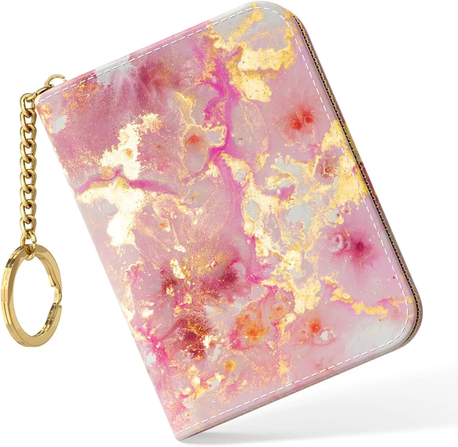 Portafoglio Sottile in Pelle con Blocco RFID per Donne, Design Marmo Oro Rosa con Cerniera e Portachiavi