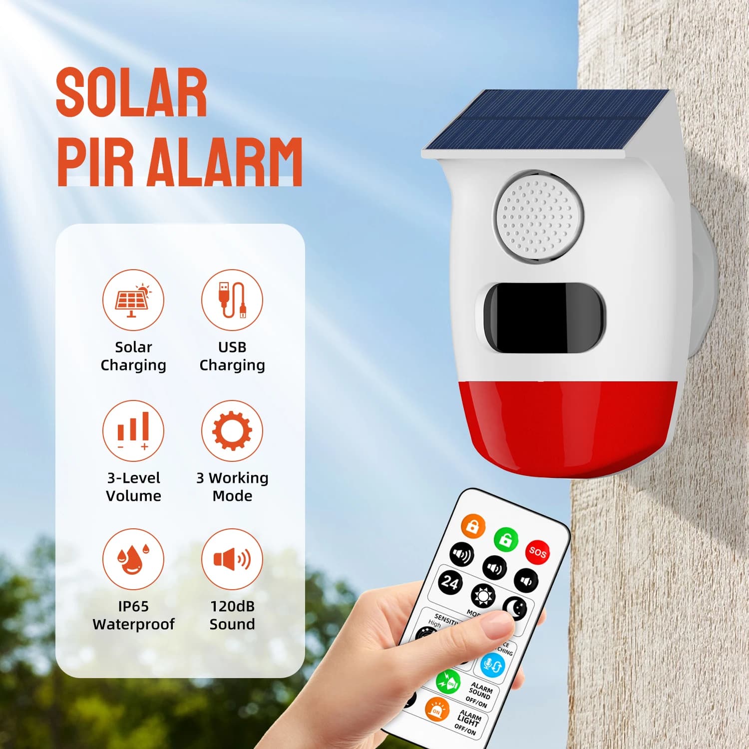 Sirena stroboscopica a energia solare indipendente Sensore di movimento PIR Rilevatore di allarme con telecomando per la sicurezza domestica