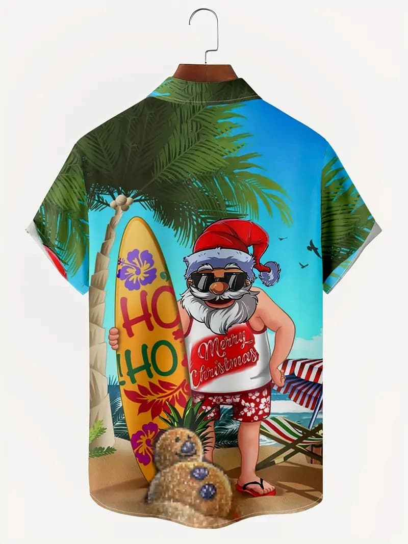 2025 Camicia hawaiana da surf di Babbo Natale Camicie da cartone animato alla moda unisex Camicetta a maniche corte Top per le vacanze festive di Natale