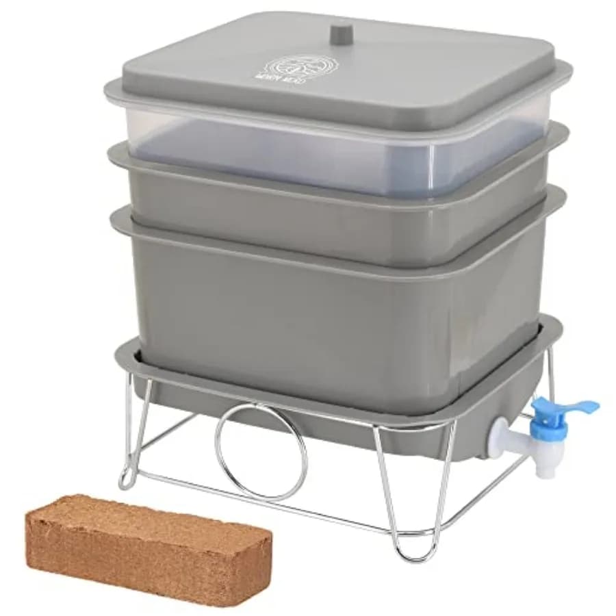 Kit Compostiera a Vermicompostaggio a 4 Vassoi WN54 con Mattone di Fibra di Cocco per Riciclo Rifiuti Alimentari, Letame di Vermi, Tisana di Vermi, Vermicompostaggio e Vermi