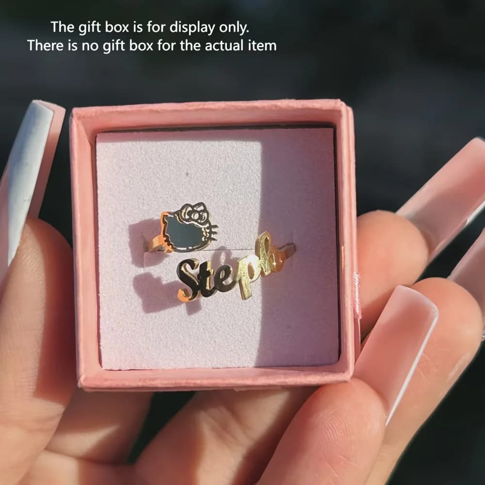 Custom Bow Hello Kitty Name Adjusted Rings For Women Personalized Stainless Steel Waterproof Sanrio Jewelry Cute Birthday Gift