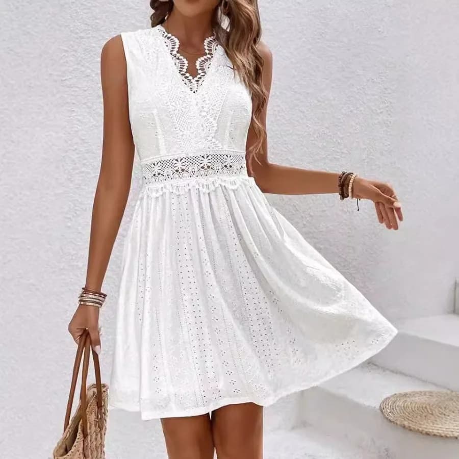 【Nuovo stile】Abito estivo da donna con cuciture in pizzo, sexy, in jacquard, con scollo a V e vita aderente