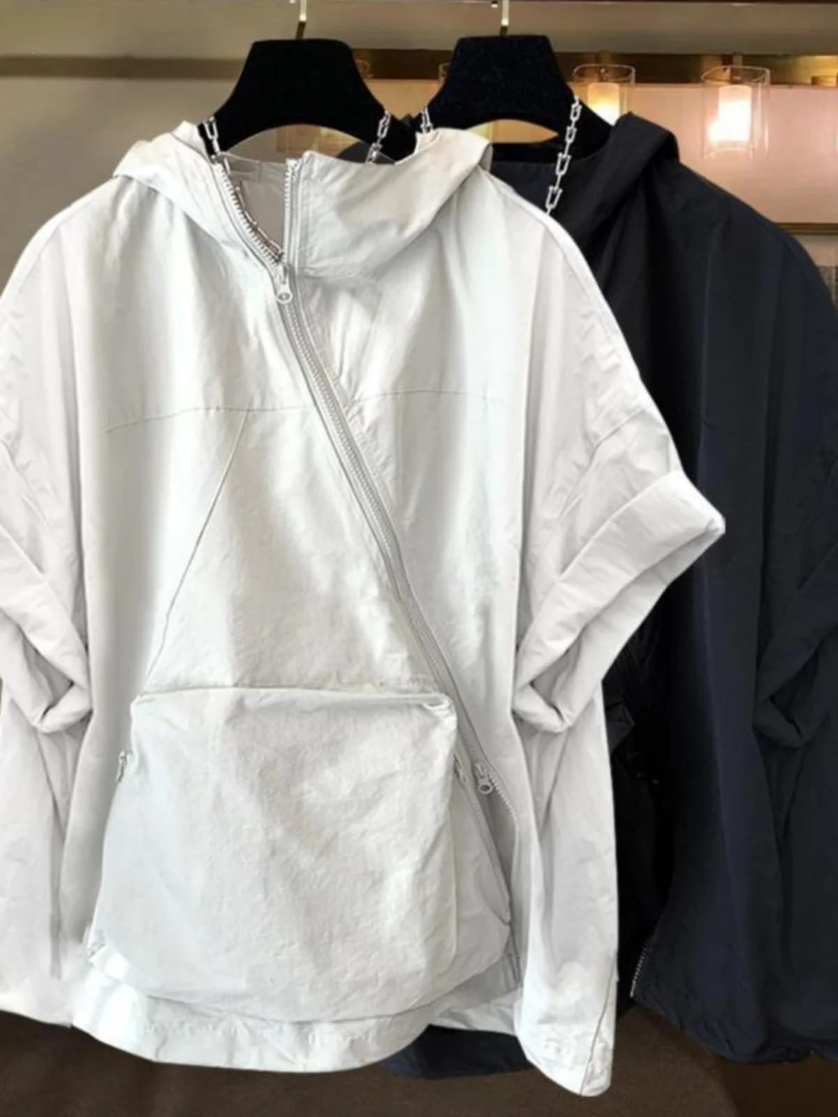 Loose Fit Men's Hoodie Short Sleeve Zipper Design Summer Trendy Hairdresser Personalized Top Polyester Fiber Quick Dry Process